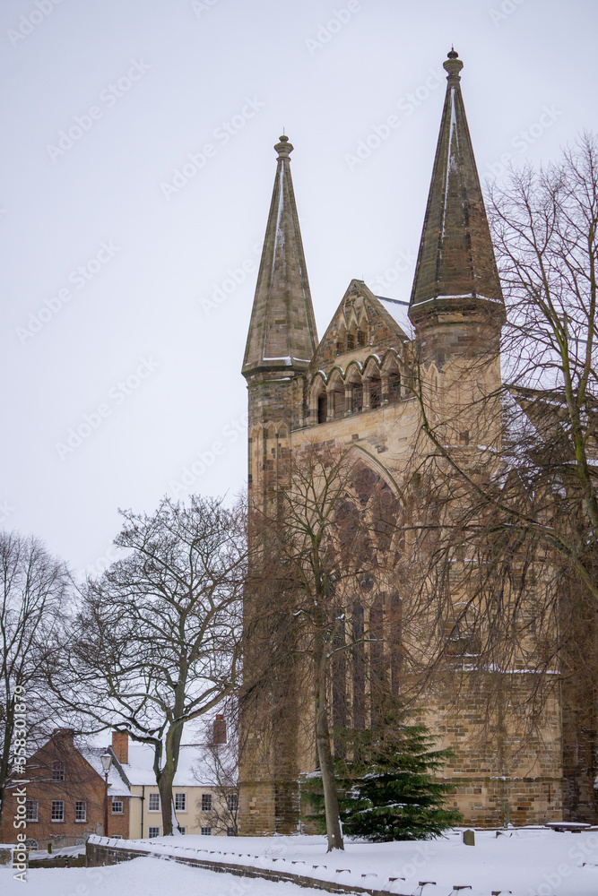 Durham Cathedral , Unesco Historic Gothic and Romanesque church during winter snow morning in Durham , United Kingdom : 1 March 2018