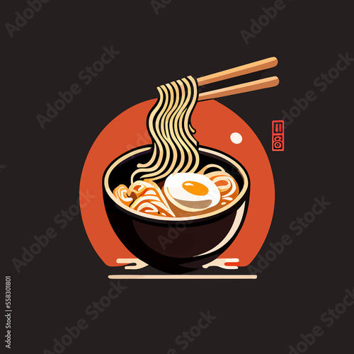 Delicious ramen noodles with egg doodle illustration