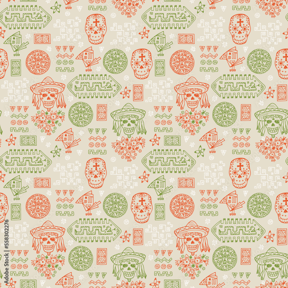 Mexico Vector Seamless pattern. Hand drawn doodle Mexican Day of the Dead Attributes and patterns Mexico Vector Seamless pattern. Hand drawn doodle Mexican Day of the Dead Attributes and patterns
