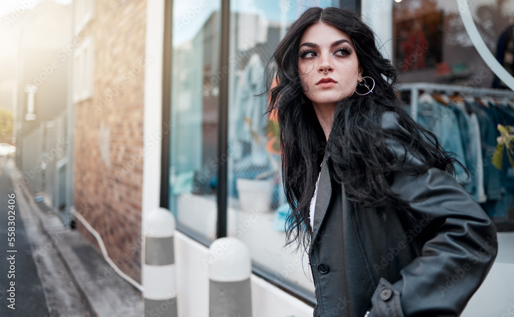 Urban fashion, style and a woman on the street at shop window, punk streetwear outside designer boutique. Beauty, make up and gen z fashion model or rock influencer in the city at store window. Urban fashion, style and a woman on the street at shop window, punk streetwear outside designer boutique. Beauty, make up and gen z fashion model or rock influencer in the city at store window.