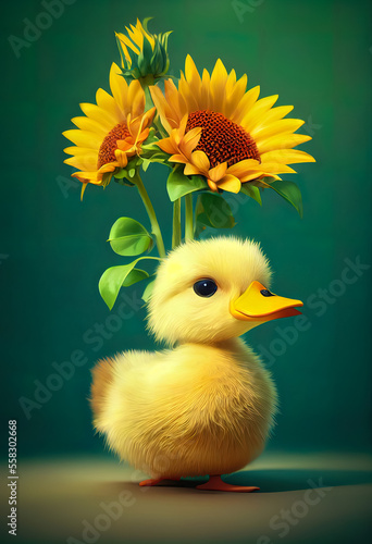 Adorable baby duck character design on sunflower field. cute duck cartoon animation. photo