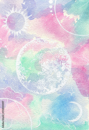 White moon with phases on turquoise  pink and purple watercolor background