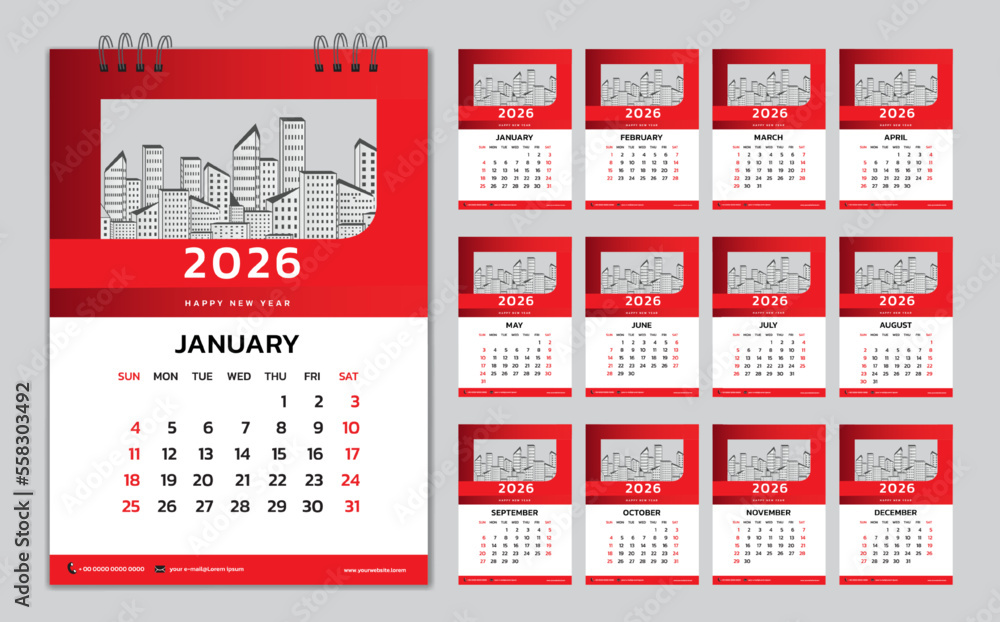 Wall calendar 2026 in red graphic style, Monthly calendar template for ...