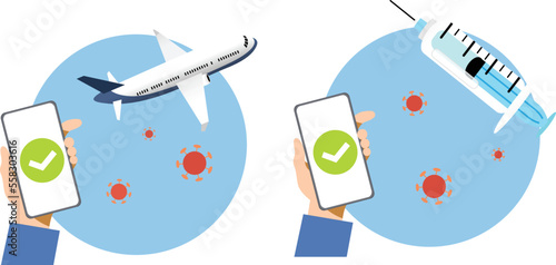 Hand holding smartphone with ok sign on screen vector. Concept of digital sanitary pass, or European Green pass, of vaccine passport. Travelling authorization. Certificate of immunity and vaccination.