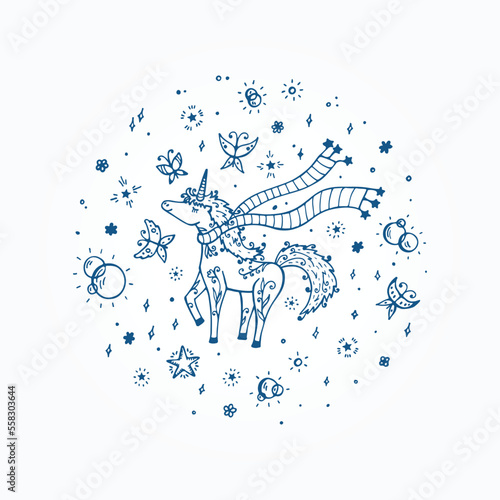 Hand Drawn Doodle Magic Unicorn 