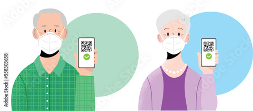 Old man and woman with ffp2 masks holding smartphone with QR code on screen. Concept of digital sanitary pass, or European Green pass, or vaccine passport. Certificate of immunization and vaccination.
