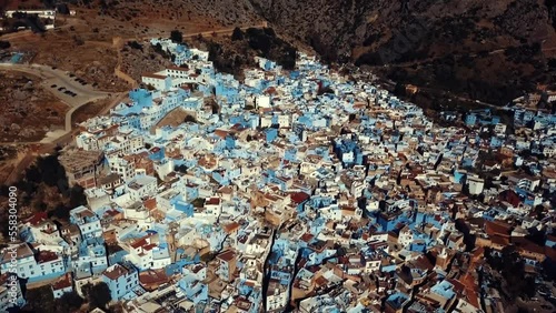 An Aerial view over the blue city of chefchaouen city, Morocco. The Blue city of Chefchaouen.