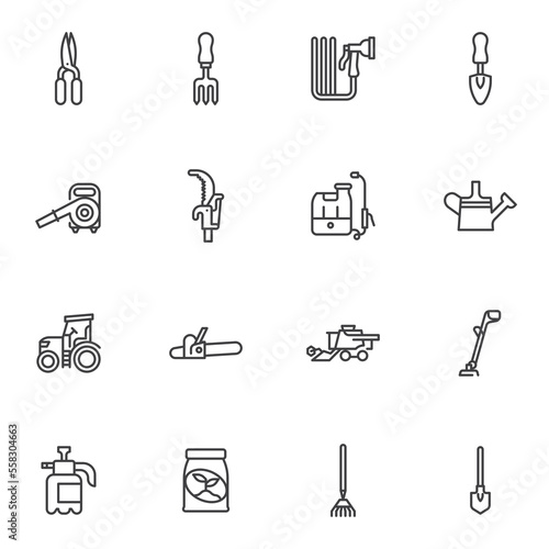 Essential gardening tool line icons set