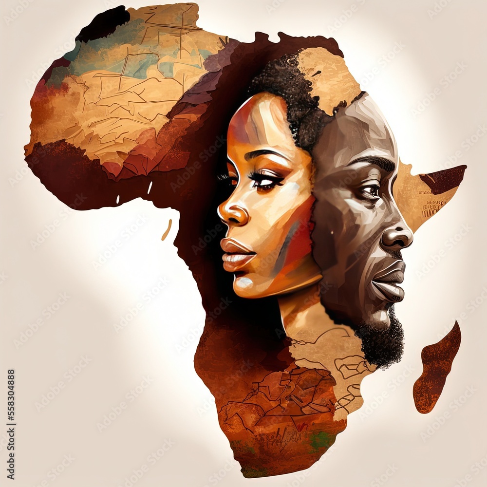 Black history month holiday celebration. Independent Strong black people poster. Confident black person. Ai generated not a real person art. Black people double exposure map Black man and woman - obrazy, fototapety, plakaty 
