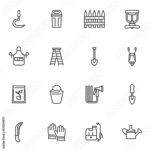 Gardening tool line icons set