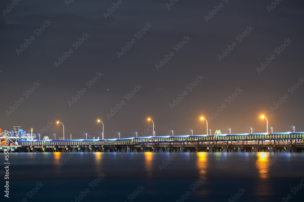The harbor bridge is illuminated at night on the outskirts