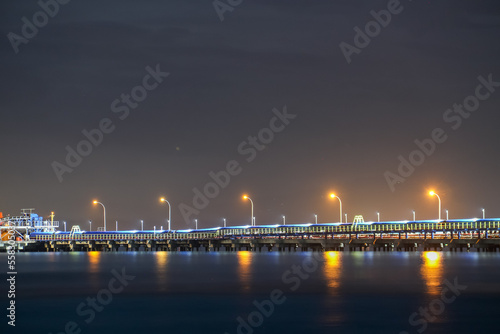 The harbor bridge is illuminated at night on the outskirts