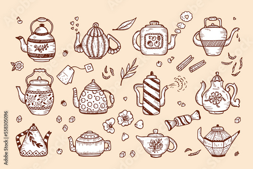 Tea Time. Hand Drawn Doodle Different Teapots and additives for tea Vector Set