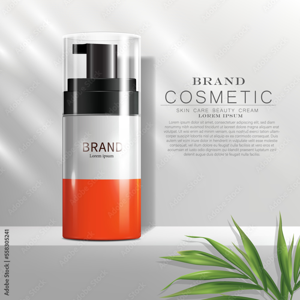 vector illustration realistic cosmetic bottle on the white 3d room with palm leaves,use for cosmetic product advertising poster design vector illustration realistic cosmetic bottle on the white 3d room with palm leaves,use for cosmetic product advertising poster design