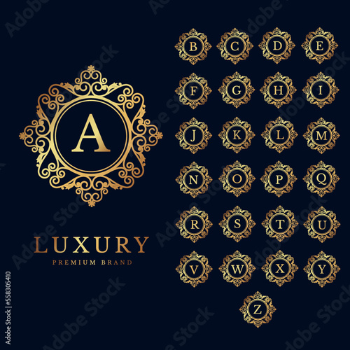 Luxury logo alphabet crest template design vector illustration. brand vintage vignette ornaments