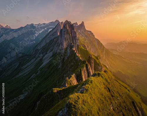 Fototapeta Schaeffler mountain ridge swiss Alpstein, Appenzell Switzerland, a steep ridge of the majestic Schaeffler peak, Switzerland
