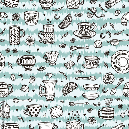 Hand Drawn doodle Coffee Cups or Tea Cups and Different additives for tea drinking - Vector Seamless Pattern