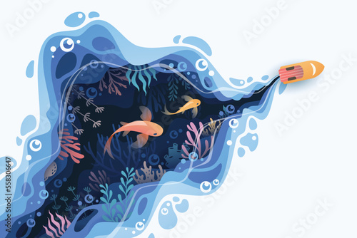 Fishes layered shape wavy ocean underwater background in paper cut style