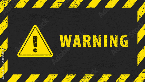Yellow Striped frame on black background. Blank Warning Sign. Warning Background with warning signand exclemation mark. Template in grunge style.  EPS10. photo