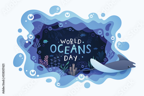 World oceans day background with environment ecosystem underwater world