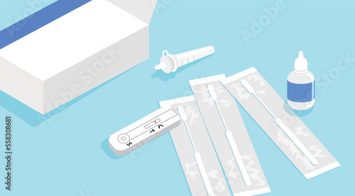 Close view of an antigen test kit (atk) or self-test at home, containing nasal swab, test device and sample extraction tube from an open box. Covid-19 coronavirus positivity detection and prevention.