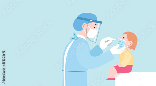 Woman doctor or medical worker testing a child with nasal swab to test her positivity to covid-19 or coronavirus. Flat vector illustration with profile portraits. Pcr or antigen child testing.