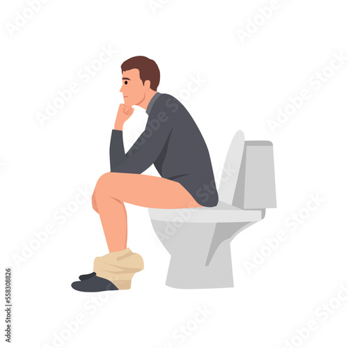 Young man get idea in toilet sit and think while his hand on chin. Flat vector illustration isolated on white background