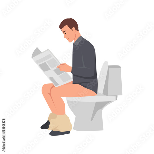 Young businessman sitting on toilet and reading newspaper from side view angle. Flat vector illustration isolated on white background