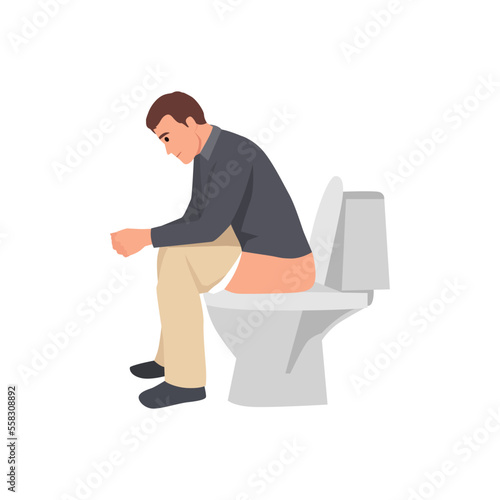 Young man sit on toilet and daydreaming. Flat vector illustration isolated on white background