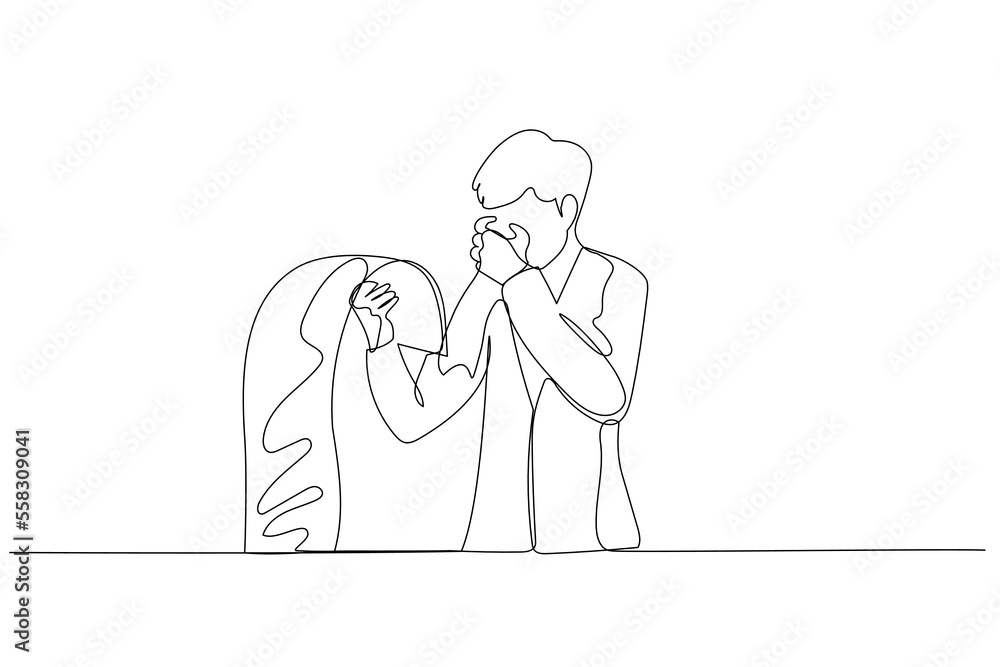 Drawing of businessman holding long list of bills stressed because of debt. Continuous line art Drawing of businessman holding long list of bills stressed because of debt. Continuous line art