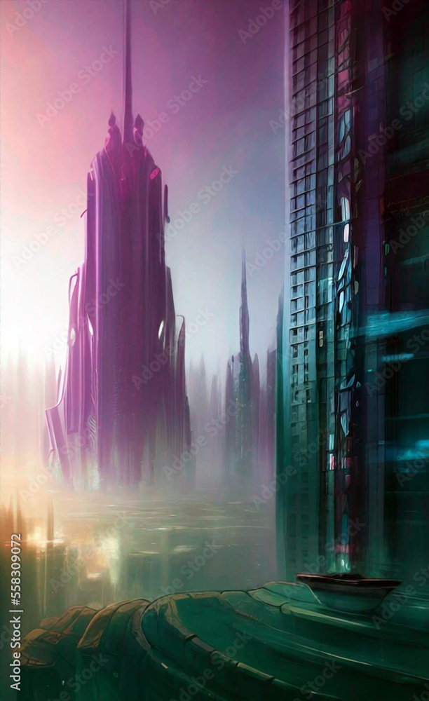 Obraz premium view of the futuristic city, urban landscape, concept illustration, generative ai, (these depiction is fictitious and generated)