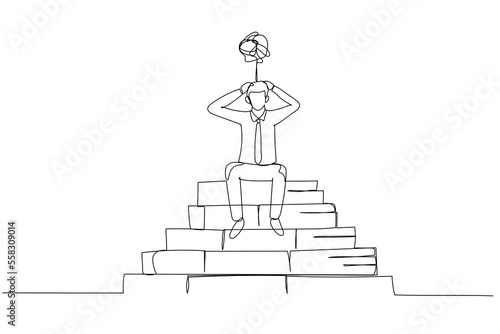 Drawing of businessman stressed because of paperwork. Single continuous line art style