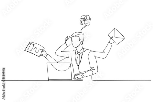 Cartoon of businessman dizzy stressed because of daily work receive email sending paper. One line art style