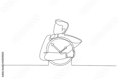Illustration of businessman embrace clock feel sleepy and tired. Single line art style
