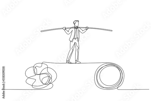 Cartoon of businessman walk on tight rope balancing between problem. Single line art style