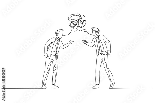 Cartoon of businessman and colleague debating arguing concept of conflict. One continuous line art style