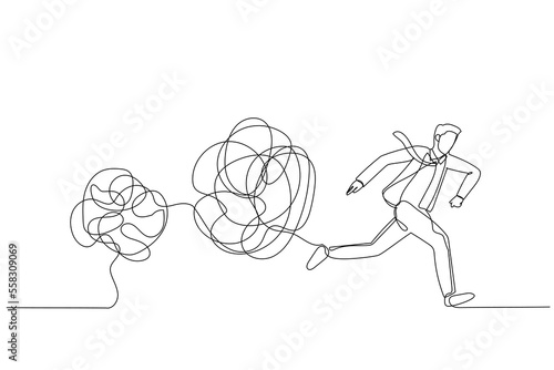 Drawing of businessman running away from tangled line ball concept of avoid problem. Single continuous line art style