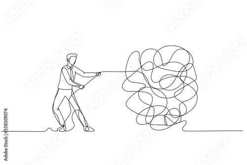 Cartoon of businessman try to unraveling tangled rope concept of solution and problem solving. One line art style