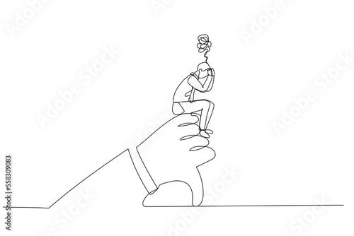 Drawing of businessman sad and stressed thinking of manager negative feedback evaluation. Single continuous line art style