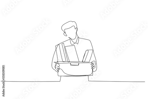 Cartoon of stress businessman stand holding box full of belonging after being fired. One line art style