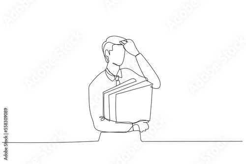 Illustration of stress businessman having headache while holding folder of document. Single line art style