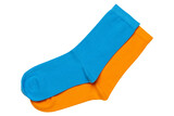 A pair of cotton colored socks, blue and yellow, similar to the flag of Ukraine, on a white background