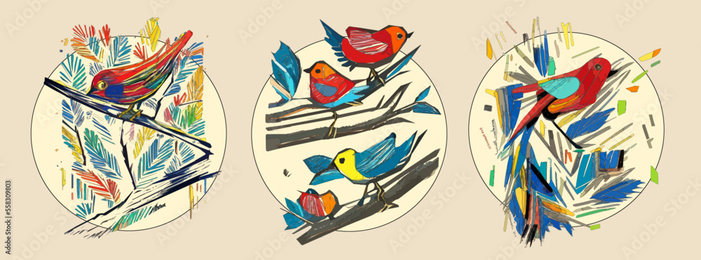 Fototapeta premium Bird on tree branch with leaves, flowers and large circle on light beige background. Colorful illustration.