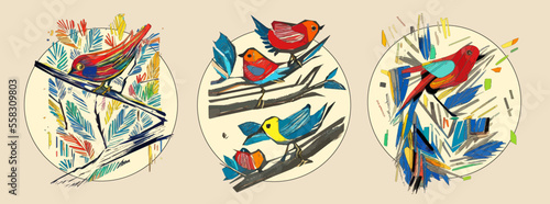 Bird on tree branch with leaves, flowers and large circle on light beige background. Colorful illustration.