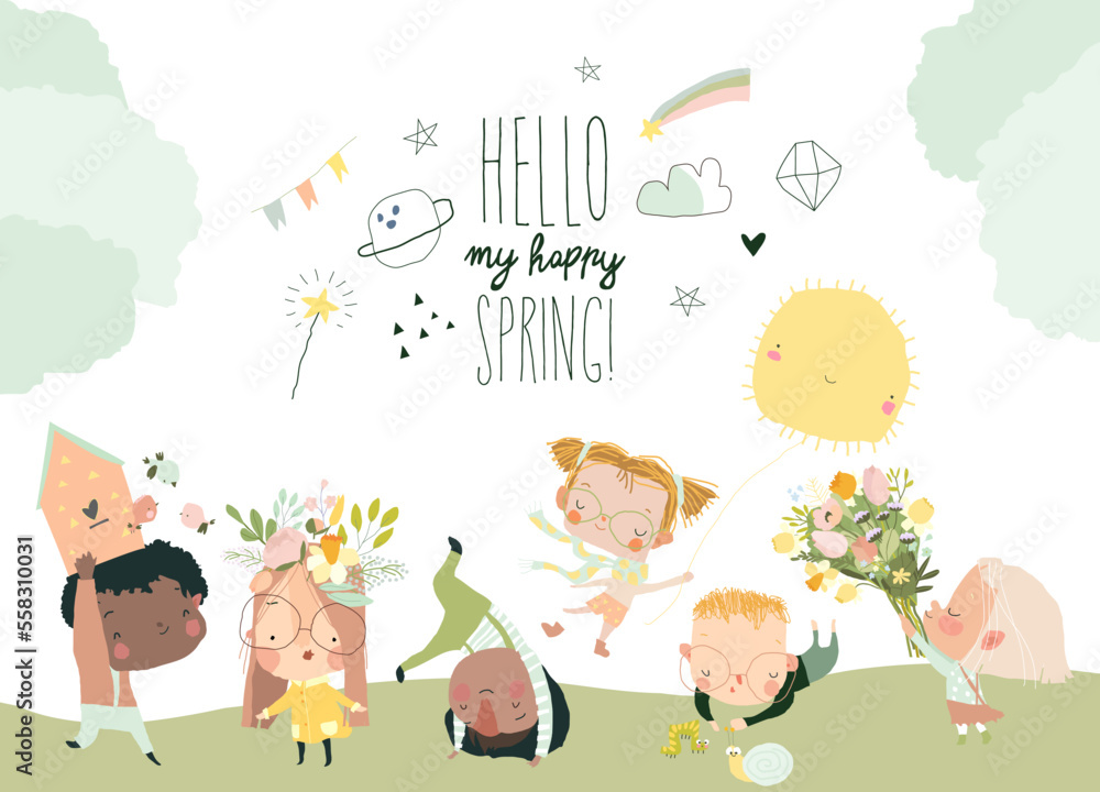 Fototapeta premium Cartoon Group of Happy Children meeting Spring