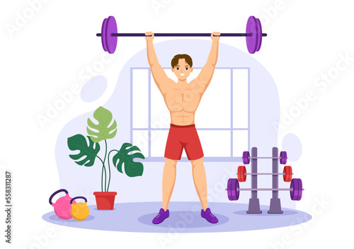 Weightlifting Sport Illustration with Athlete Lifts a Heavy Barbell, Gym Equipment and Bodybuilder Training in Flat Cartoon Hand Drawn Templates
