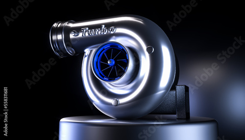 Turbocharger with blue spin on dark background 3D rendering