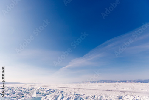 Fototapeta Naklejka Na Ścianę i Meble -  Arctic landscape glacier frozen snow lake Baikal or Antarctica extreme with sun light