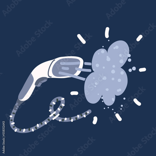 Cartoon vector illustration of Handheld steamer with steam jet. Outline illustration of electric portable device for travel. Powerful garment steamer emblem. .