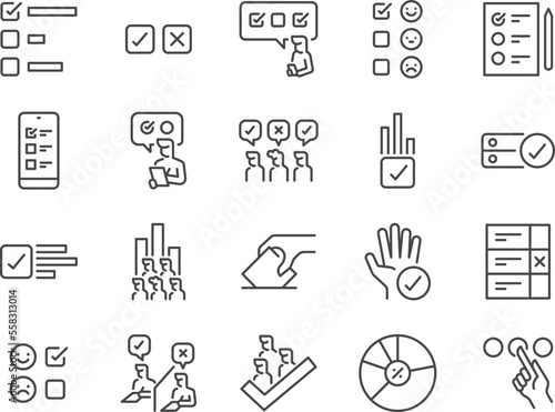 Poll line icon set. The icons included choice, check, choosing, vote, customer reviews, and more.